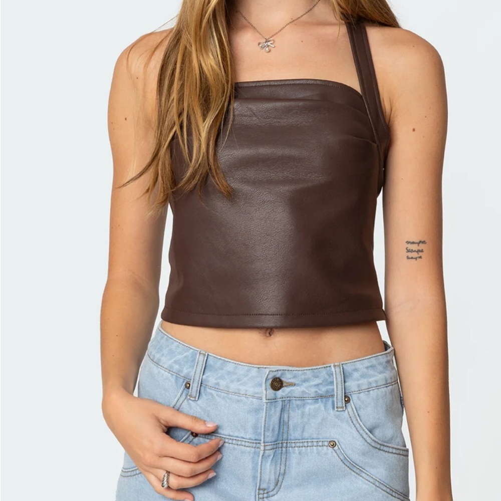 Edikted Brown Faux Leather Halter Neck Blouse Top